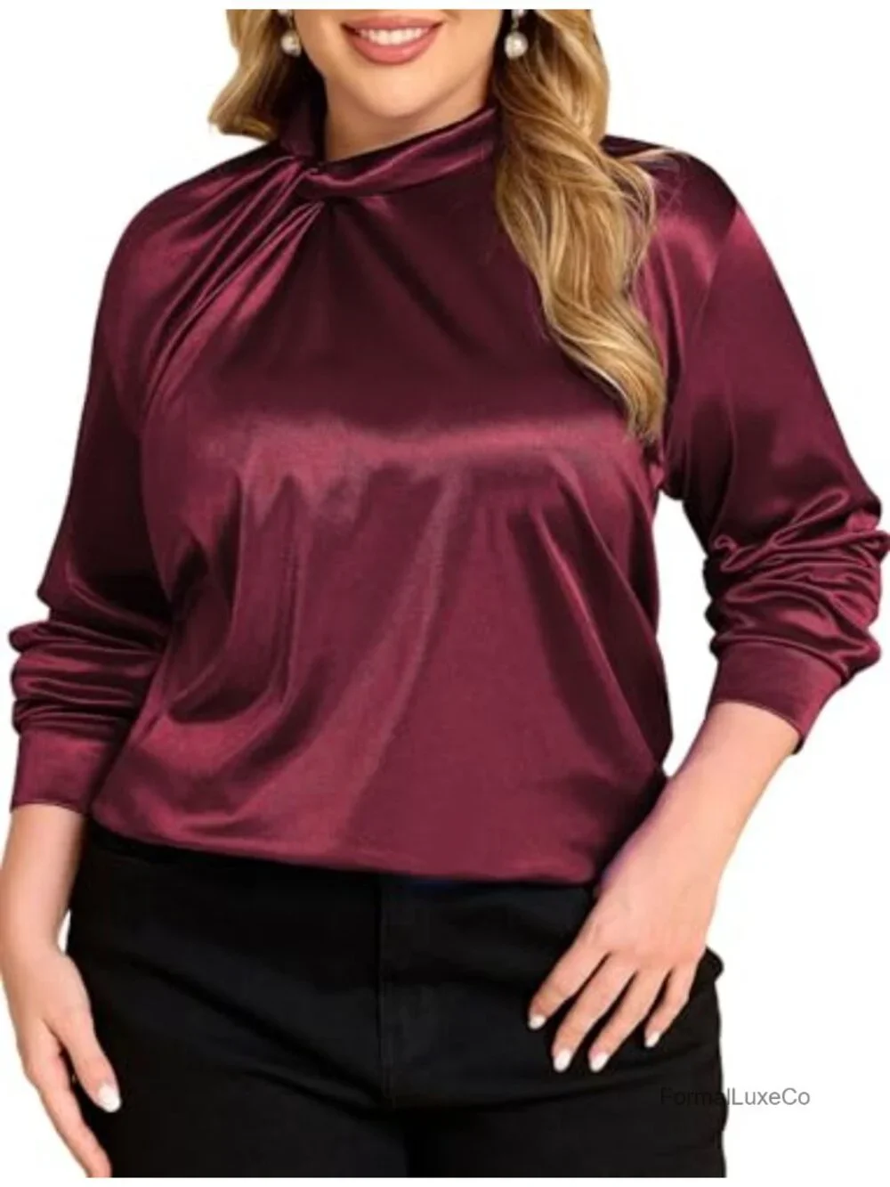 Plus Size Satin Mock Neck Twist Blouse Long Sleeve Work Shirt